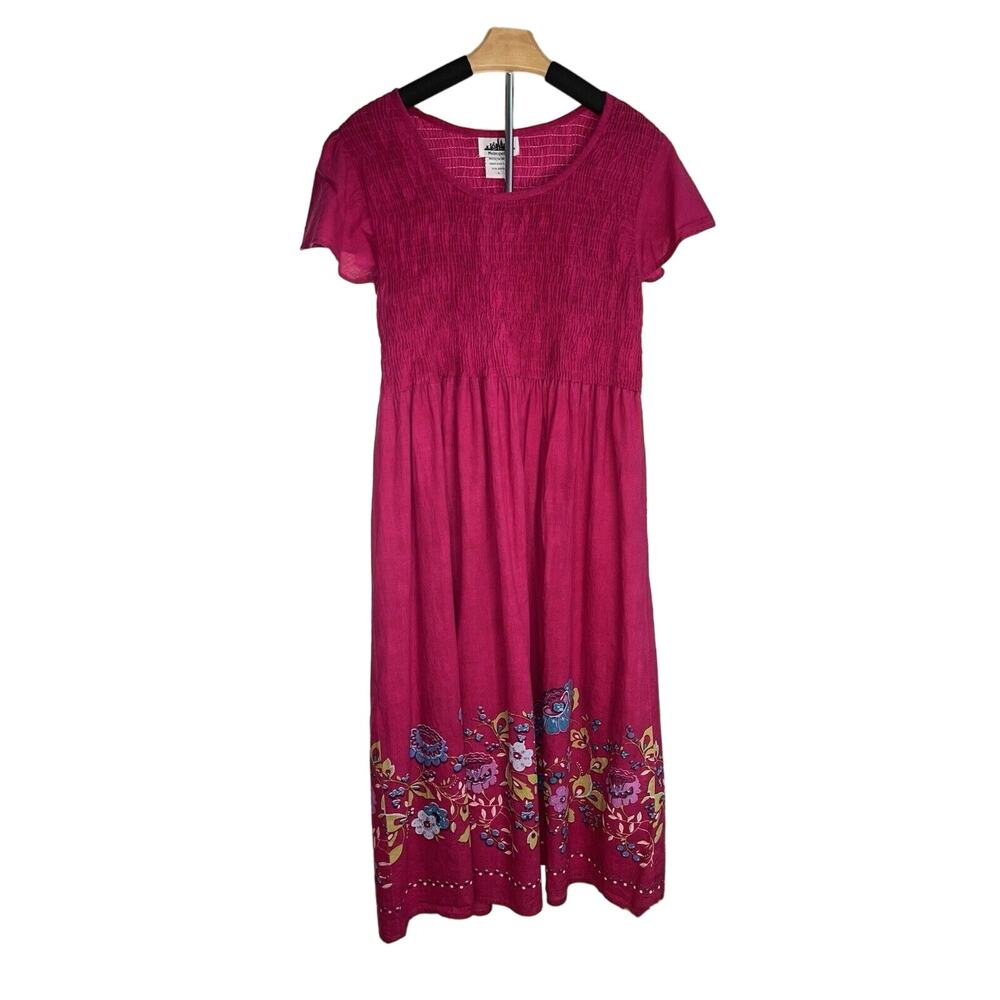 Metropolitan Lrg Hot Pink Women's Maxi Dress Smocked 100% Cotton Floral Hemline